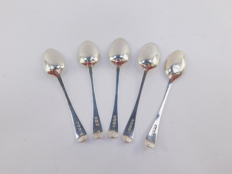 A matched set of ten 19thC silver teaspoons, bright cut, Old English pattern, initialled, with plain - Image 3 of 7
