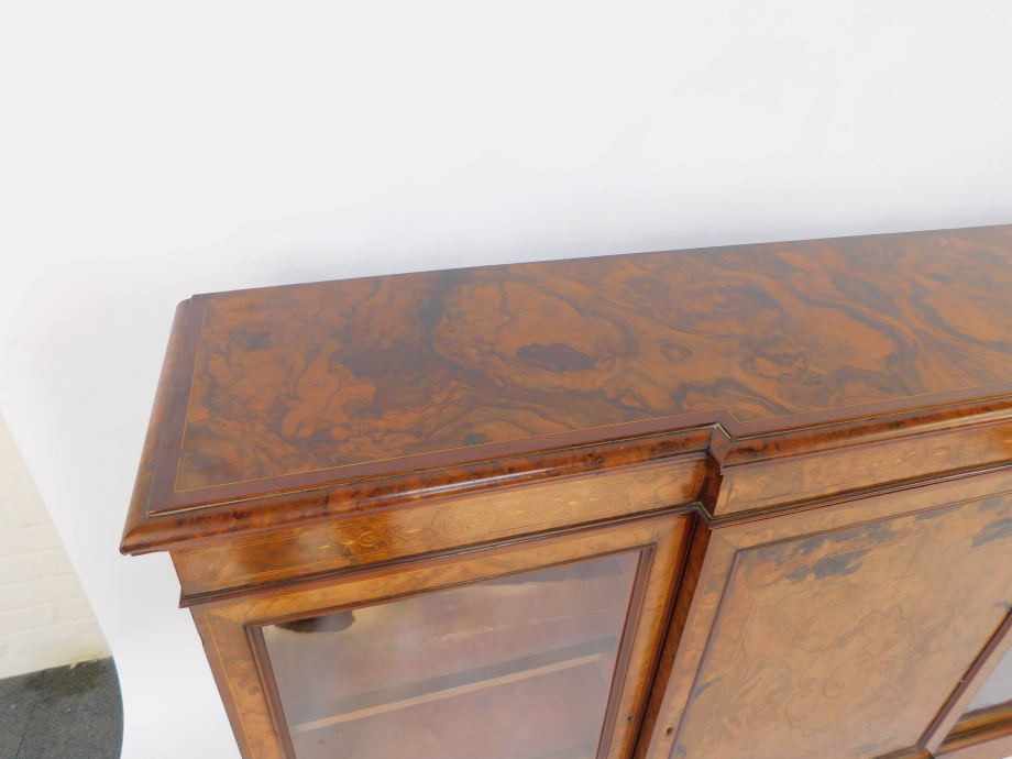 A Victorian figured and burr walnut veneered breakfront credenza, with mahogany cross banded and str - Image 2 of 8