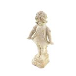 A concrete garden figure of a girl, modelled standing holdiing her skirt, on a stepped base, 62cm hi