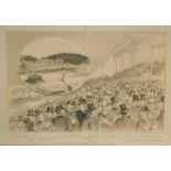 A 19thC black and white horse racing print, Cup - Day at Sandown Park, detailing various attendees,