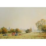 Cyril J Mayes (British, 20thC). A Touch of Autumn, a View of Stamford across The Meadows, watercolou