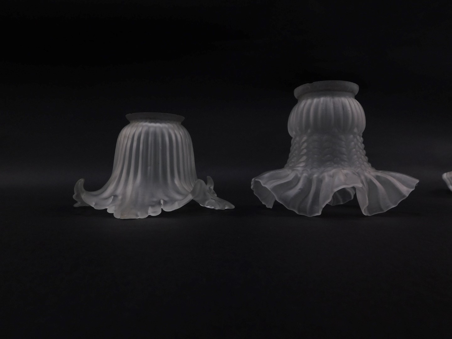 Victorian and later frosted and moulded glass lamp shades, three with white trailed decoration, comp - Image 3 of 5