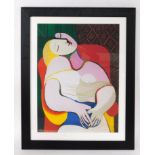 After Pablo Picasso (Spanish, 1881-1973). Portrait of a woman sitting in a chair, print, 70.50cm hig