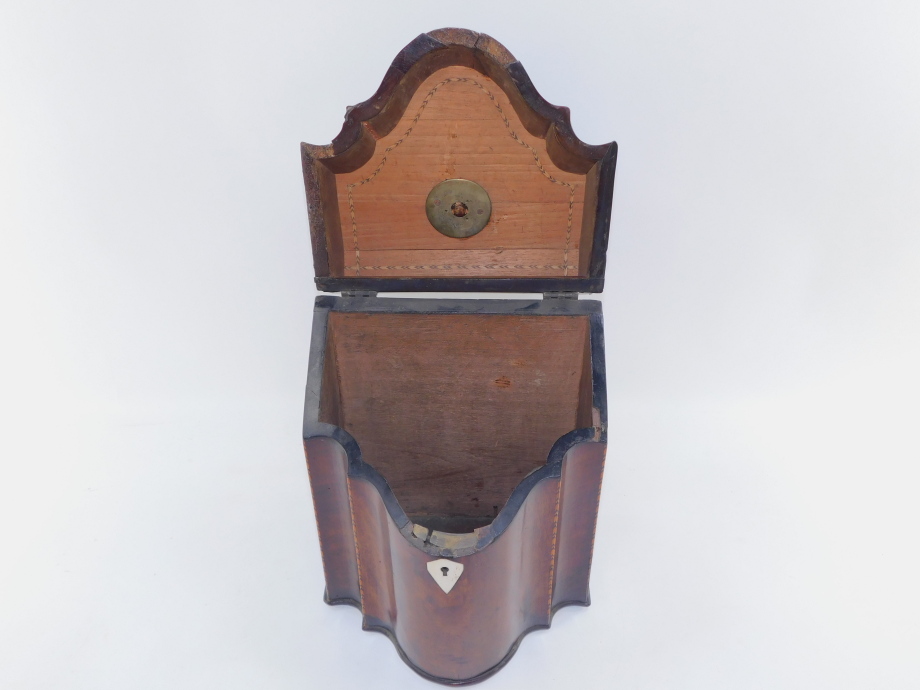 A George III mahogany and box wood strung serpentine knife box, with ivory fist handle, and plain in - Image 3 of 3