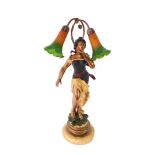 An Art Nouveau style painted and lacquered figural table lamp, of a lady standing on leaves, with tw