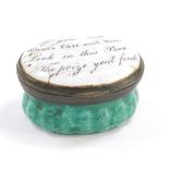 A Georgian Bilston enamel patch box, of oval form, written to the lid, 'If You Seek What's Fair And