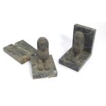 A pair of Grand Tour style marble and metal sphinx bookends, each of L shaped form, 14cm high. (AF)