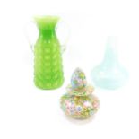 A millefiori glass scent bottle and stopper, 15cm high., a vintage lime green glass twin handled vas