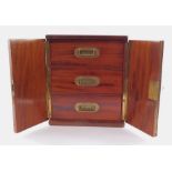 A 19thC mahogany campaign travel box, of rectangular section, the hinged front revealing three drawe