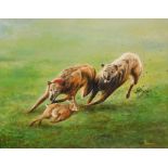 G Blowman (British, 20thC). A pair of hounds chasing a hare, oil on board, signed, 39cm high, 49cm