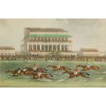 After James Pollard (British, 1792-1867). Epsom, The Grandstand, coloured engraving by Charles Hunt,