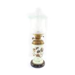A Duplex late 19thC glass and brass oil lamp, painted with cob nuts against a pale green ground, wit