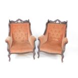 A pair of 19thC walnut stained armchairs, each with carved pierced cresting rails, acanthus leaf sid