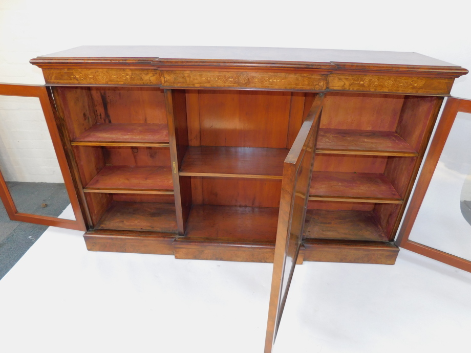 A Victorian figured and burr walnut veneered breakfront credenza, with mahogany cross banded and str - Image 8 of 8