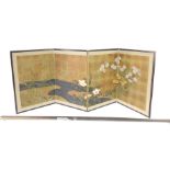 A four fold Japanese screen, decorated with flowers, in blue and green, in ebonised frame, with hang