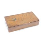 A French early 20thC olive wood pin box, decorated to the lid with a swallow, pins and 'Jen reviendr