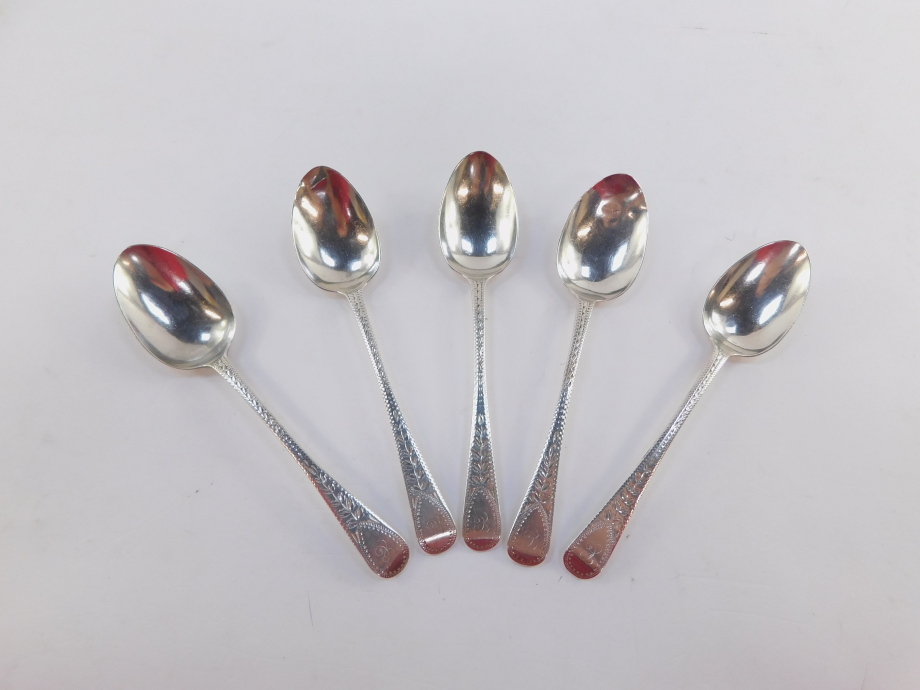 A matched set of ten 19thC silver teaspoons, bright cut, Old English pattern, initialled, with plain - Image 5 of 7