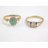 A 9ct gold emerald and diamond cluster ring, size K, and a 9ct gold and zircon solitaire ring, size