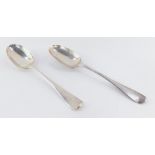 Two Georgian silver table spoons, Old English pattern, with plain bowls, one initialled, probably Jo