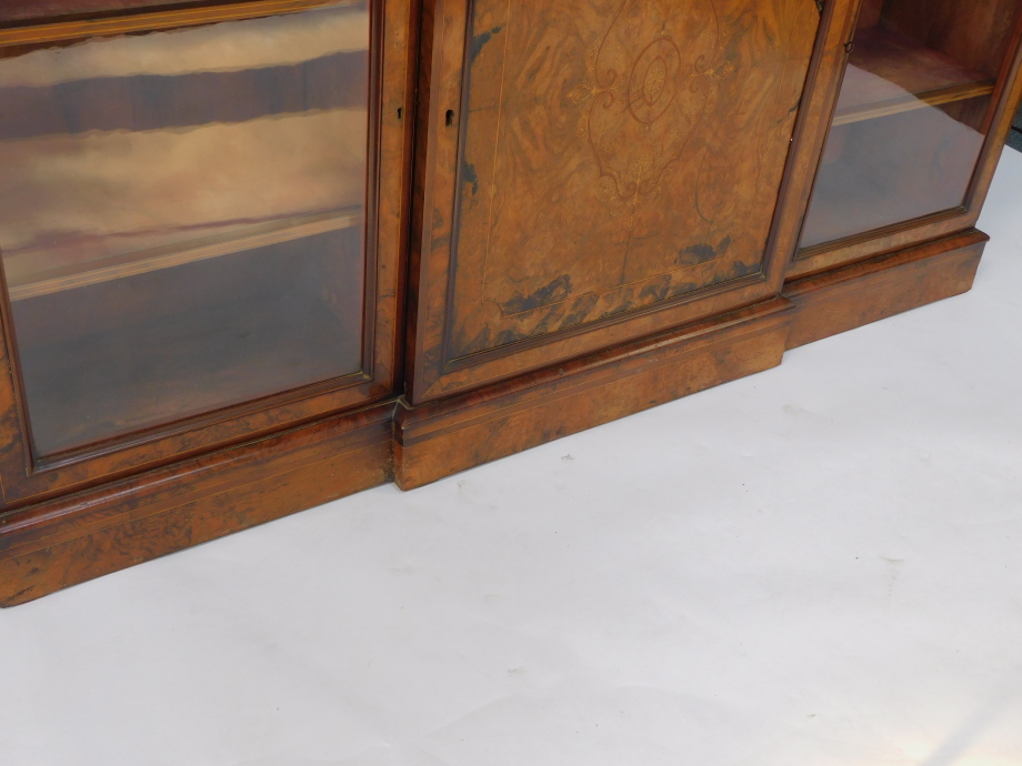 A Victorian figured and burr walnut veneered breakfront credenza, with mahogany cross banded and str - Image 6 of 8