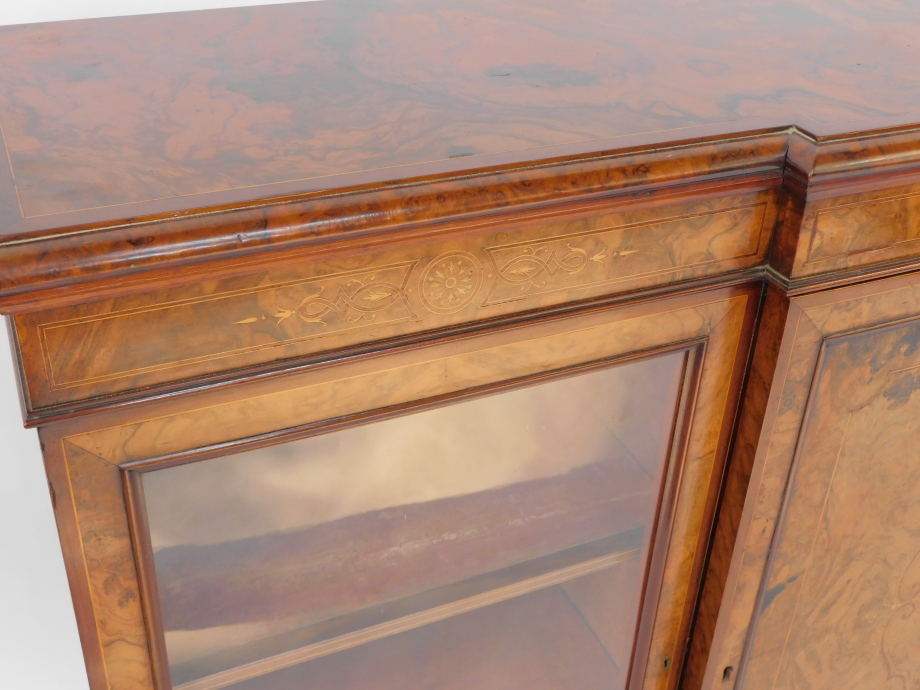 A Victorian figured and burr walnut veneered breakfront credenza, with mahogany cross banded and str - Image 7 of 8