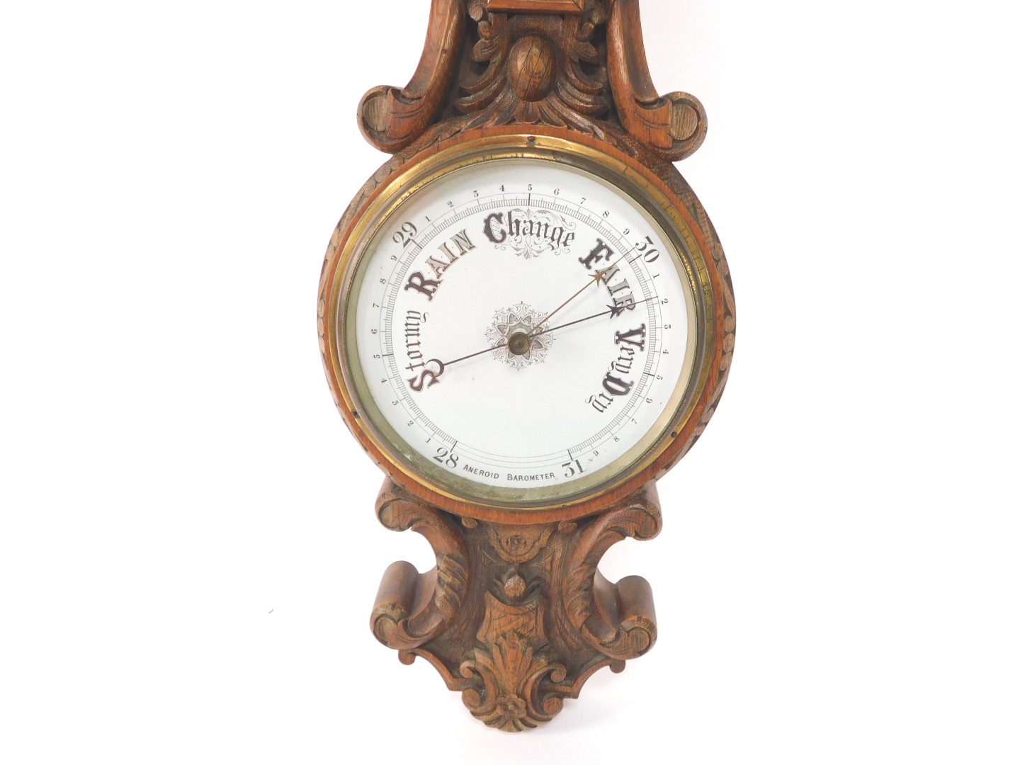 A Victorian oak cased aneroid barometer, with thermometer, carved with foliate scrolls, 88cm high. - Image 2 of 3