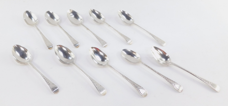 A matched set of ten 19thC silver teaspoons, bright cut, Old English pattern, initialled, with plain