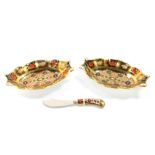 A pair of Royal Crown Derby imari sweetmeat dishes, of oval twin handled form, pattern no 1128, toge