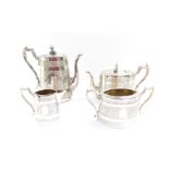 A Victorian EPBM silver plated four piece tea and coffee set by James Dixon & Sons, with engraved ba