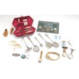 Various coins, silver plated ware and collectable items, darning set in velvet case to include sciss