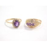 A 9ct gold amethyst and three stone ring, size Q, together with a 9ct gold amethyst and zircon set r