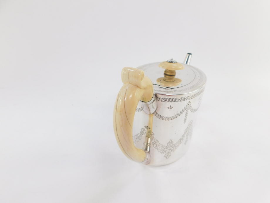 A Victorian silver teapot, the oval body with ivory handle and knop, plain spout, chased with garlan - Image 4 of 7