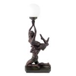 An Art Deco style bronzed figural table lamp, moulding as a kneeling man holding aloft a woman, in t