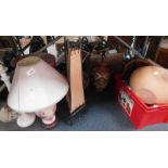 Table lamps, treen salad bowls, etc. (contents under one table)