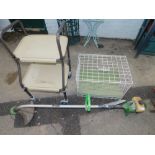 A Lawnboy petrol strimmer, pet cage, and a mobility walker. (3)