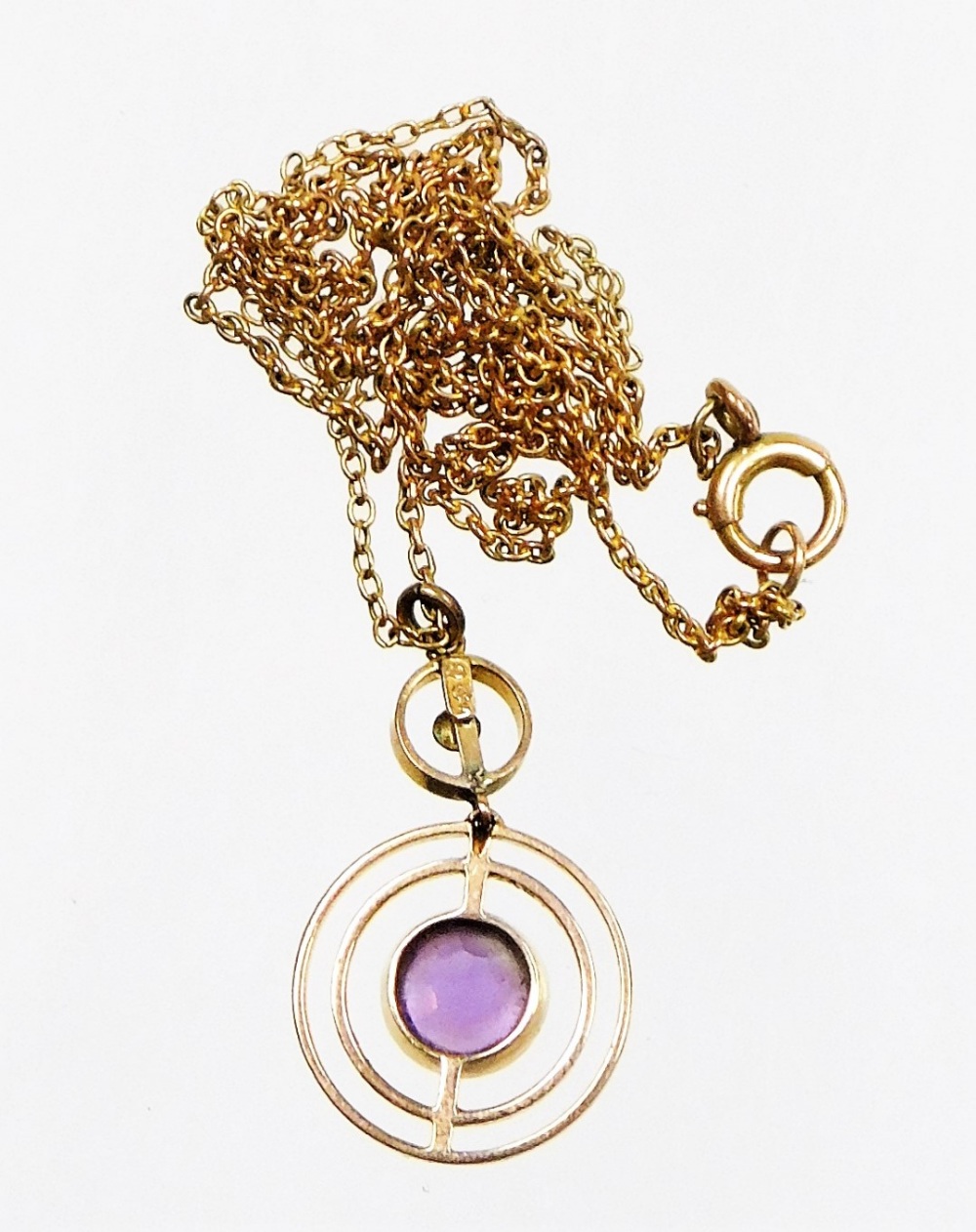 A 9ct gold pendant and chain, the small two tier circular pendant set with amethyst and seed pearls, - Image 2 of 2