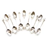 A matched set of eleven 19thC and later silver teaspoons, some with rat tail design, various dates a