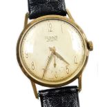 A Rone gentleman's wristwatch, with silver coloured dial, in a yellow metal casing, unmarked, on a l