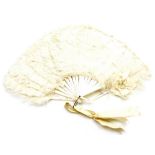 An ostrich feather and mother of pearl hand fan, on brass hook loop, with ribbon tie (AF), 35cm long