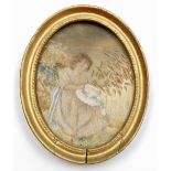A silk embroidery of a girl in wheat field, possibly early 19thC, 13cm x 17cm, in gilt frame. (AF)