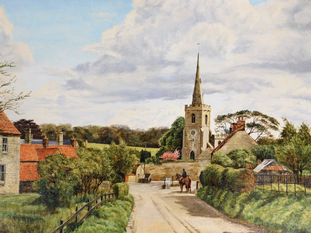 Malcolm Doughty. Wilsford in spring, painted 1984, before alteration to The Plough, oil on board, 48