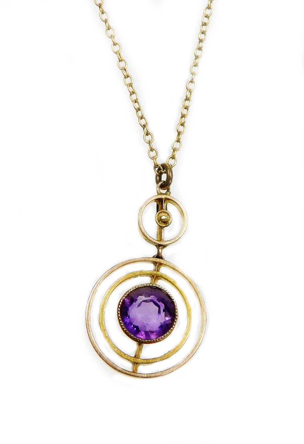 A 9ct gold pendant and chain, the small two tier circular pendant set with amethyst and seed pearls,