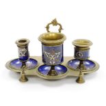 A continental brass and enamel ink stand, with blue enamel gilt and white applied decoration,
