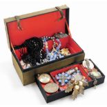 An Eastern style jewellery box and contents, to include various loose silver coins, silver plated je