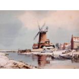 Leslie L Hardy Moore (1907-1997). An East Anglian windmill and boats in winter, watercolour, signed,