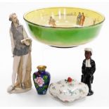 Various ceramics, comprising a Royal Doulton wash bowl (AF), Continental lidded dish, cloisonné vase