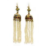 A pair of Indian drop earrings, each with enamel and paste stone set drop earring head, with various