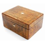 An Victorian walnut work box, the top with marquetry and mother of pearl inlay, with diamond design