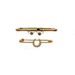 Two bar brooches, to include a small bar brooch with horse shoe central motif set with seed pearls,