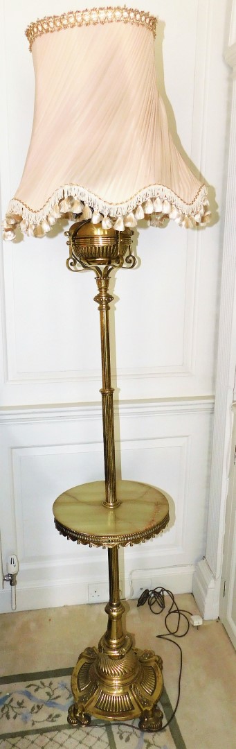 An Evereds Duplex brass and onyx standard oil lamp, converted to electricity, with a reeded column a